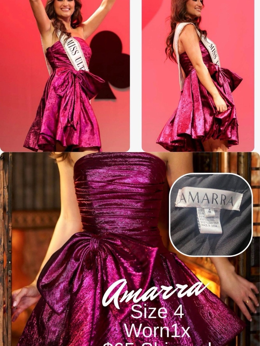 Amarra Strapless Shimmery Magenta Party Dress - Size 4